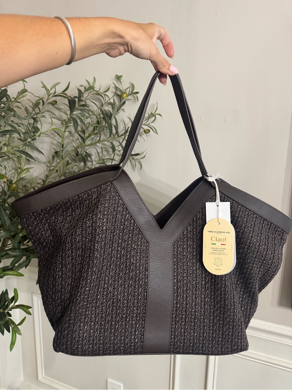 Viola Castellani Leather and Straw Large Chocolate Brown Raffia Tote